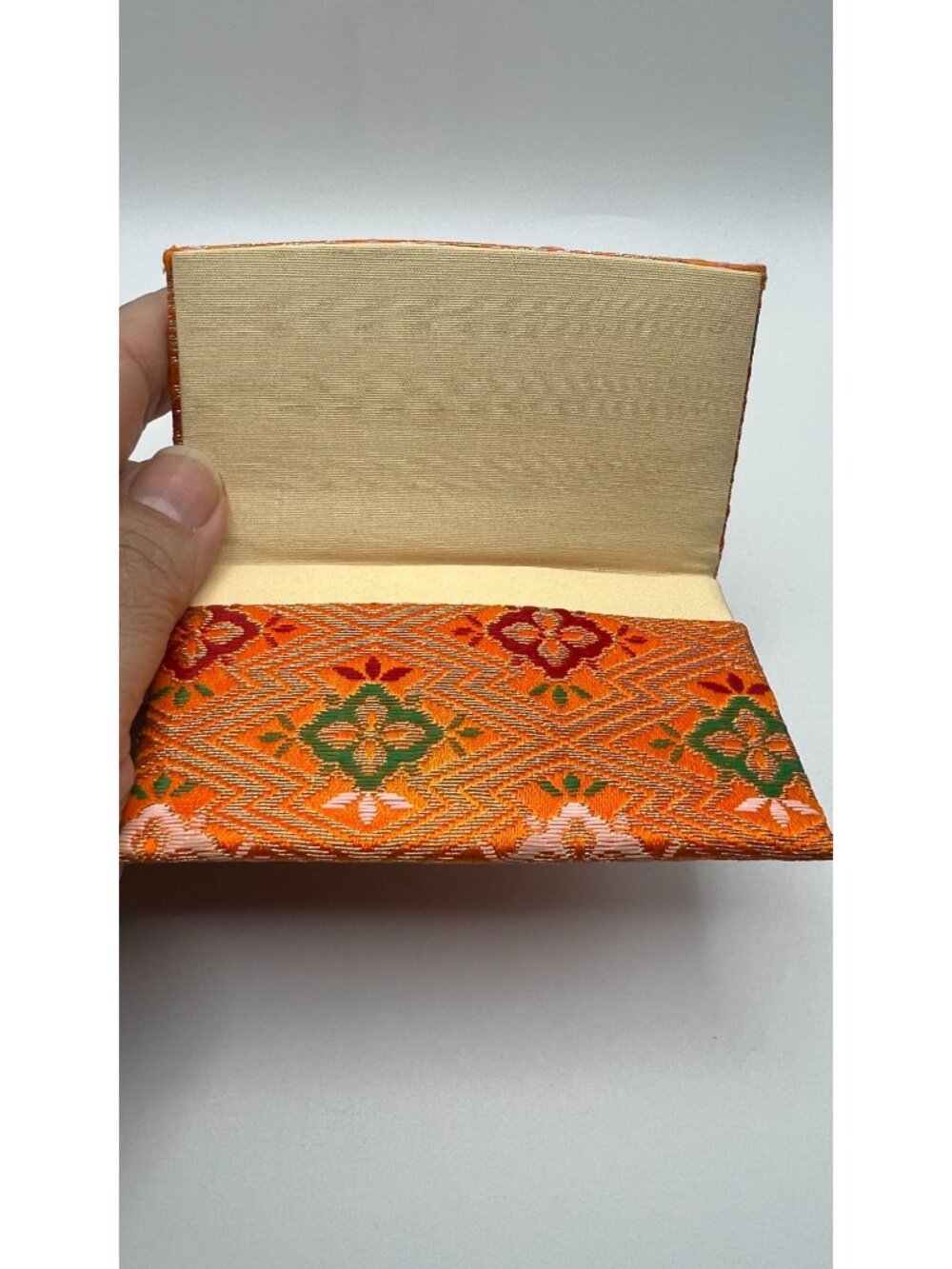 Vintage Japanese Brocade Card Holder With Vibrant Orange & Gold Floral Patterns - Picture 3 of 5